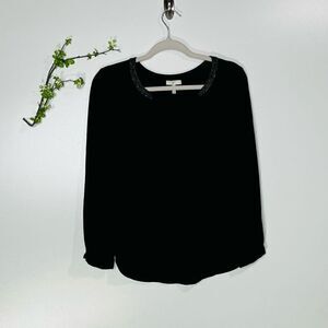 Joie Black Silk Beaded Neckline Long-sleeve Blouse
